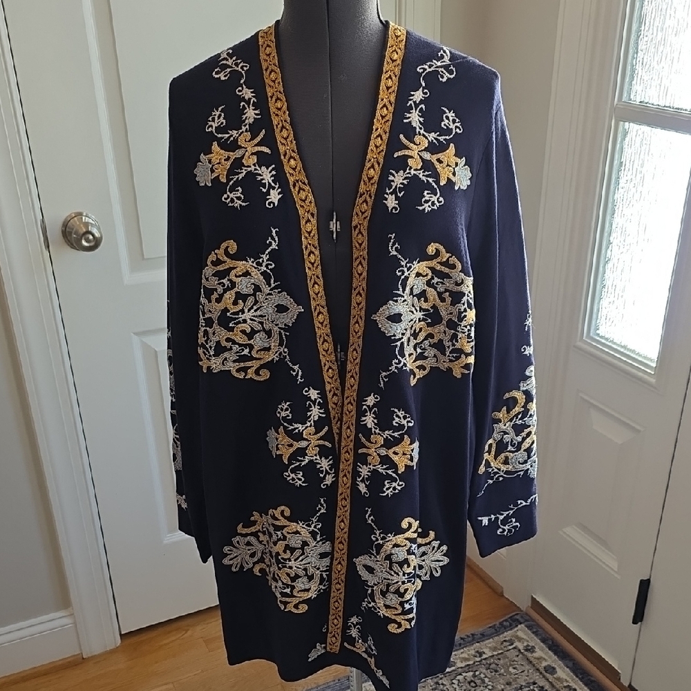 Chicos Navy Cardigan with Gold and White Embroidery XXL